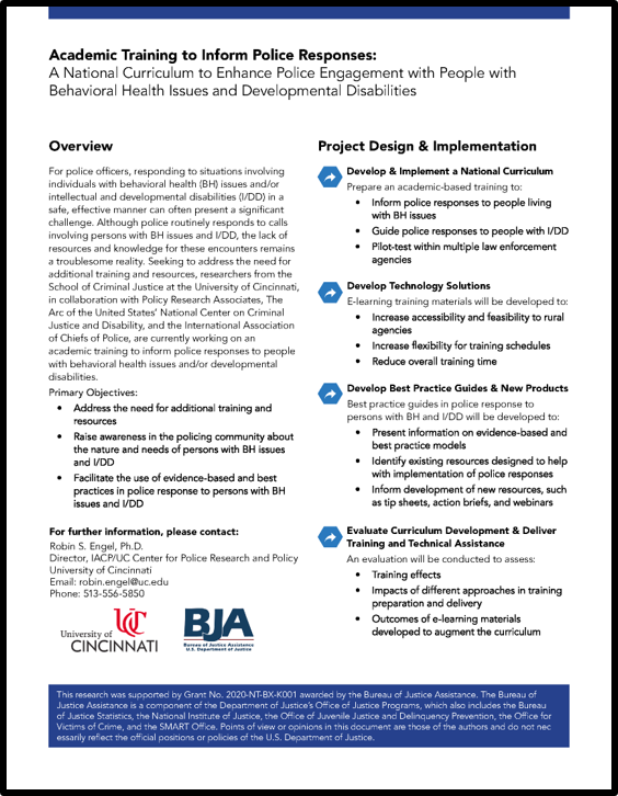 National Curriculum to Enhance Police Engagement With People With Behavioral Health Issues and Developmental Disabilities one-pager image