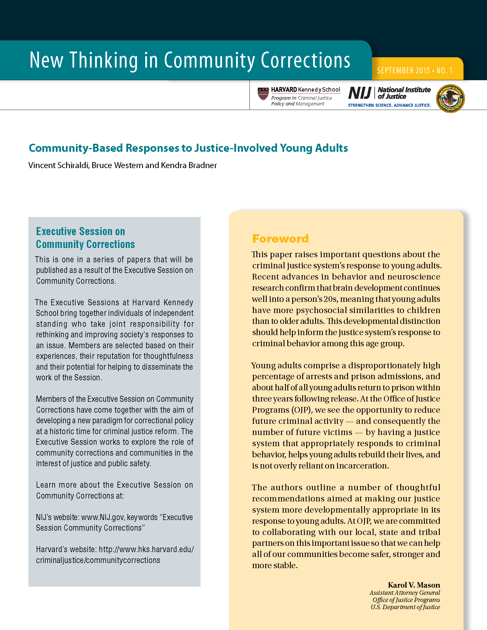 First page of document "Community-Based Responses to Justice-Involved Young Adults"