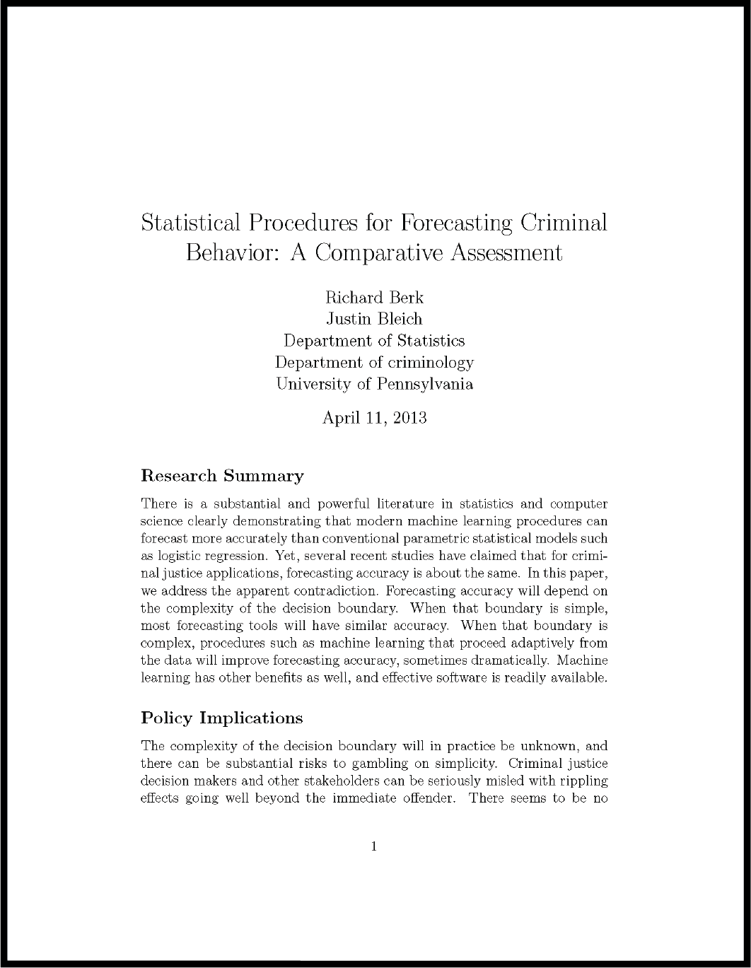 First page of document "Statistical Procedures for Forecasting Criminal Behavior"