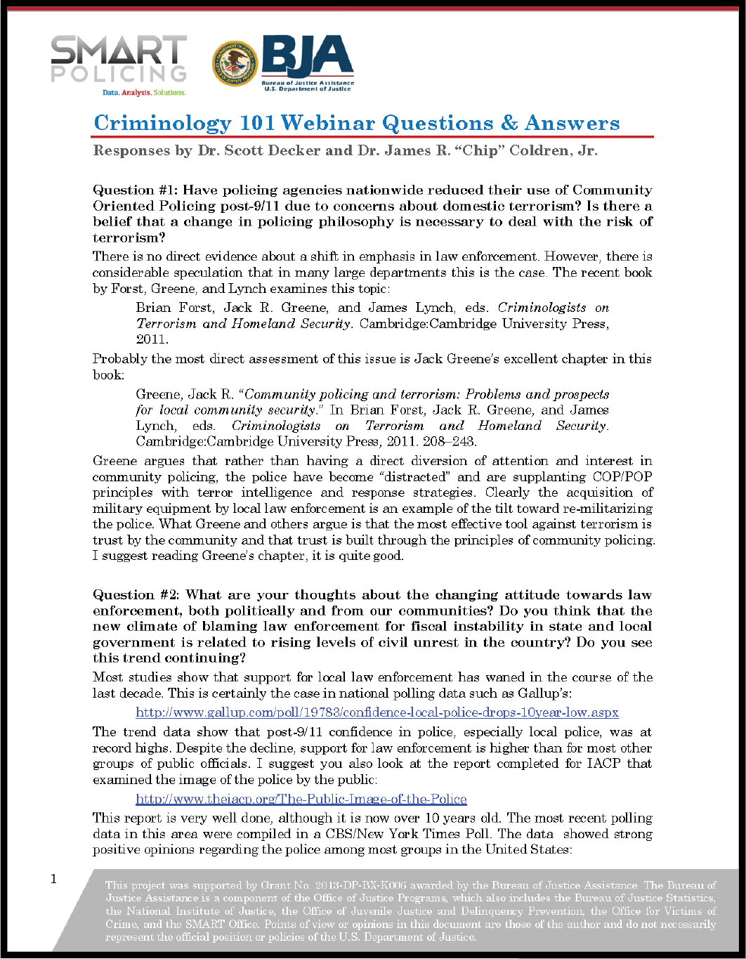 First page of document "Criminology 101 Webinar Questions & Answers"