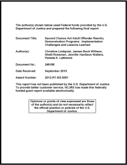 First page of document "Second Chance Act Adult Offender Reentry Demonstration Programs: Implementation Challenges and Lessons Learned"