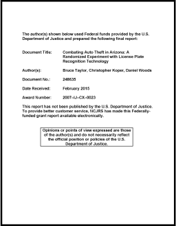 First page of document "Combating Auto Theft in Arizona: A Randomized Experiment with License Plate Recognition Technology"