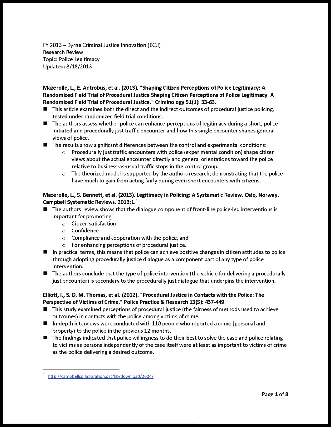 First page of document, "Research Review: Police Legitimacy"