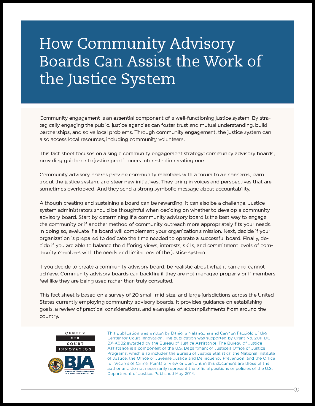 First page of document "How Community Advisory Boards Can Assist the Work of the Justice System"