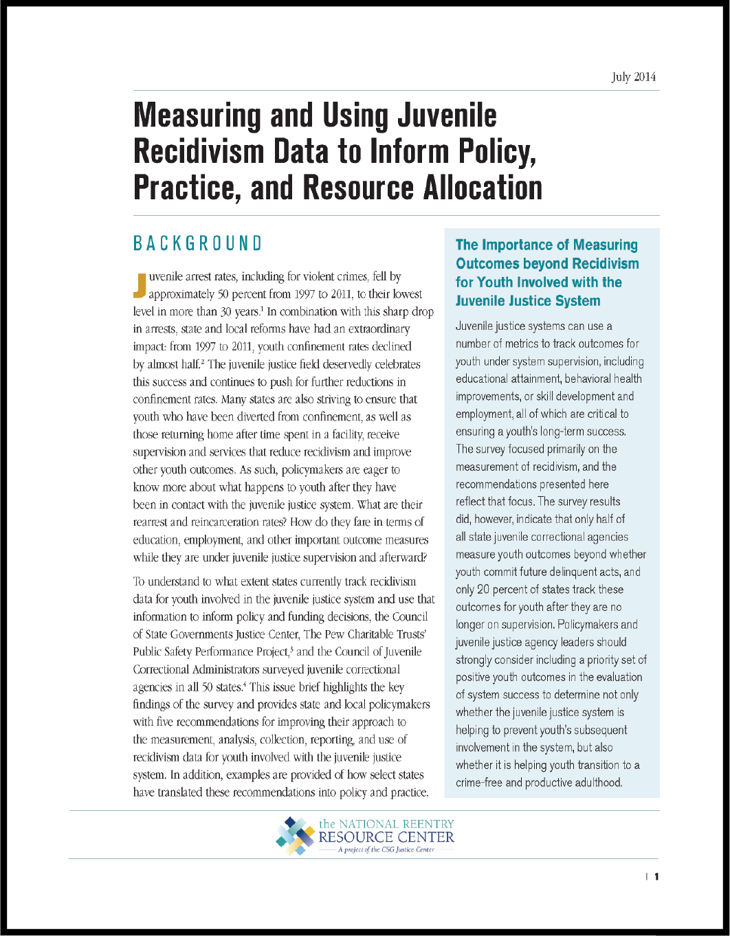 First page of document "Measuring and Using Juvenile Recidivism Data to Inform Policy, Practice, and Resource Allocation"